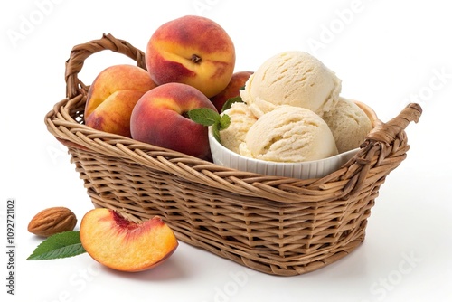 A wicker basket filled with fresh peaches and peach ice cream, wicker basket, summer, , fruit, summer treats