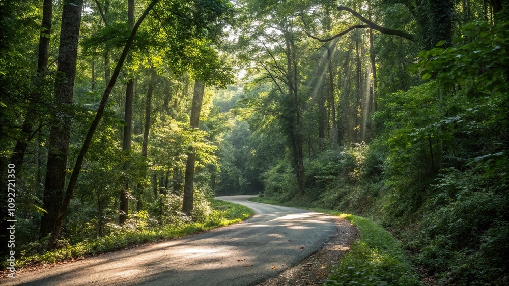 Fototapeta premium A winding forest road surrounded by dense foliage and tall trees with sunlight filtering through the leaves, forest road, natural beauty, forest pathway, leafy canopy, woodland surroundings