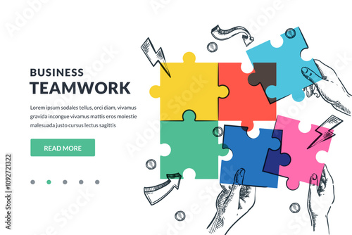 Teamwork, partnership concept. Hands joining connecting colorful pieces of puzzle. Vector hand drawn sketch illustration
