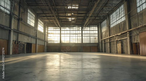 Spacious industrial warehouse interior with concrete flooring and high ceilings, designed for product presentations or demonstrations