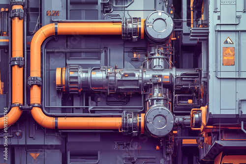 Intricate engineering design showcasing complex engine pipes and wires in dark orange tones with a hyperrealistic gaming aesthetic photo