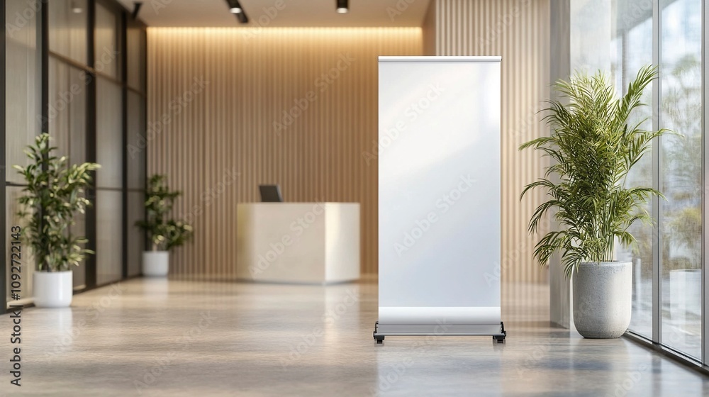 Mockup of Roll-up Standee Banner in Office Hall. Mockup of Roll-up Standee Banner in Office Hall.