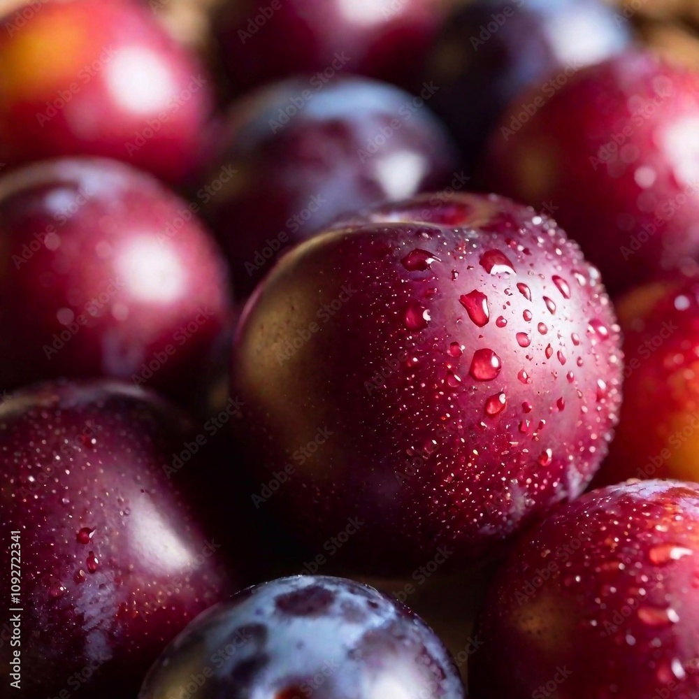 Macro of the smooth surface of a plums with waterdrops Macro of the smooth surface of a plums with waterdrops