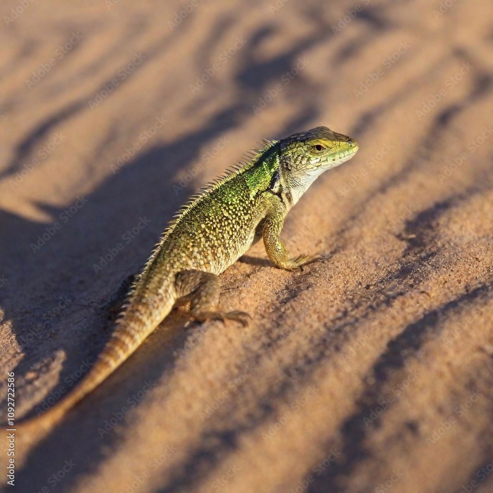 Fototapeta premium Macro of a desert lizard's scales, reflecting sunlight and blending with the sand.