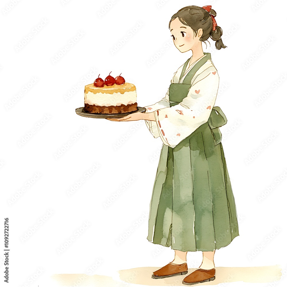 Watercolor Illustration of a Young Woman in a Kimono Presenting a Delicious Layered Cake. Watercolor Illustration of a Young Woman in a Kimono Presenting a Delicious Layered Cake.
