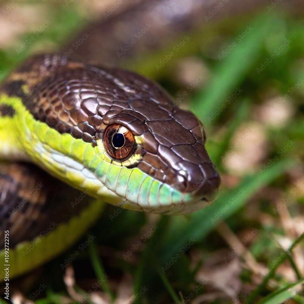 Macro of a snake's slitted eye, focusing on its piercing gaze. Macro of a snake's slitted eye, focusing on its piercing gaze.