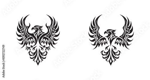A set of a silhouette eagle tribal tattoo On white background. A eagle bird with its wings spread.