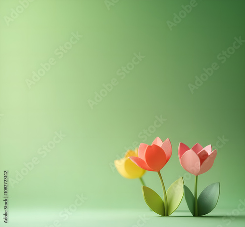 elegant composition of 3 spring tulip flowers printed on 3d printer & isolated over  cheerful optimistic green background; concept of gift to loved ones, women, mother's, valentines day; copy space photo