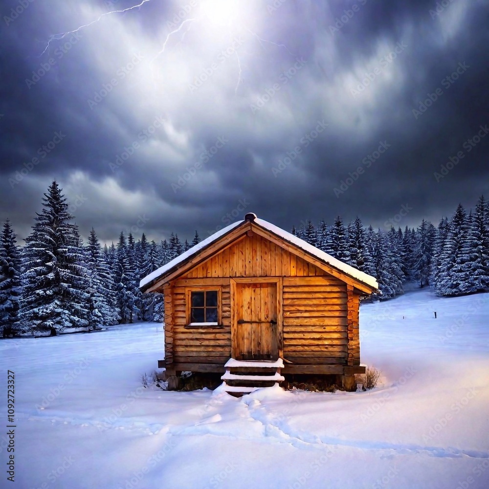 Rustic wooden hut standing alone in snowy landscape, backdrop of dark winter sky. Rustic wooden hut standing alone in snowy landscape, backdrop of dark winter sky.