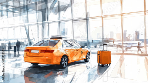 Modern orange and white taxi at the airport terminal with a suitcase in watercolor sketch style and clean background photo