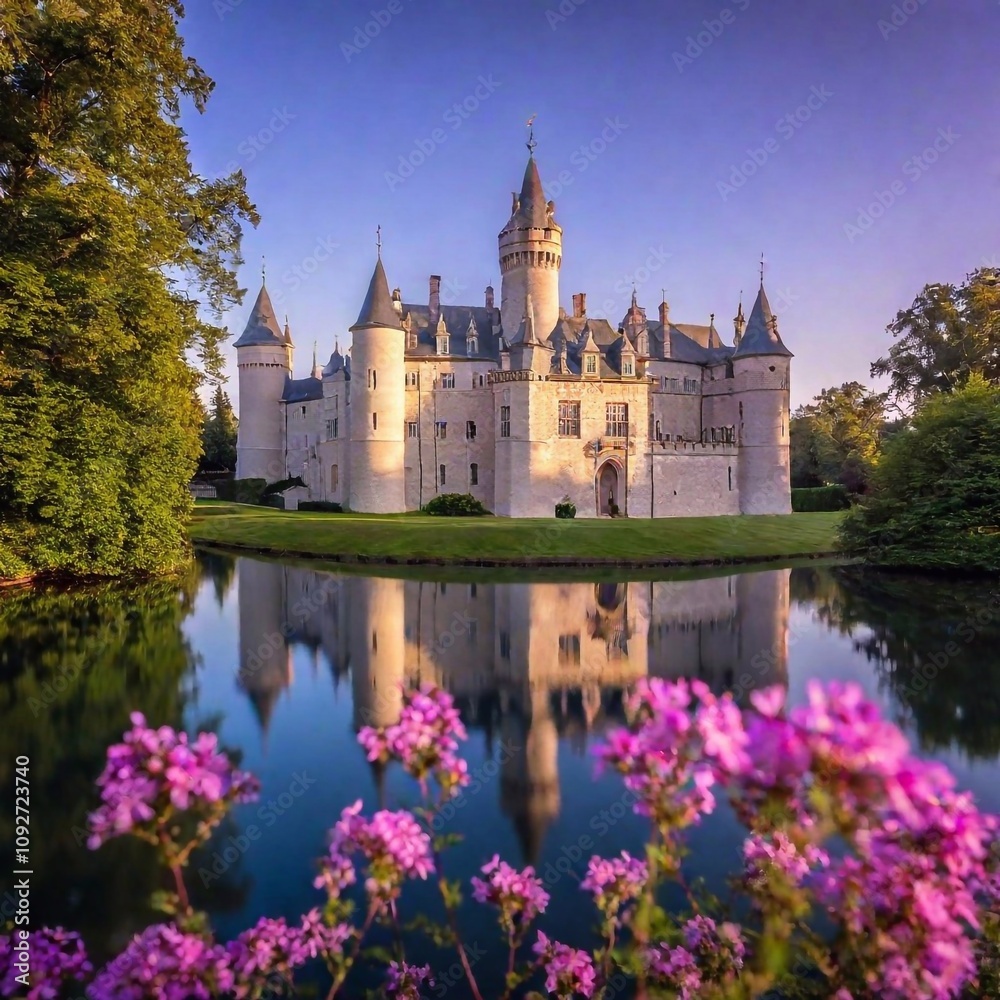 Obraz premium A grand magic castle surrounded by a shimmering moat, with colorful flowers in the foreground slightly blurred by the rack focus. The eye-level shot captures the castle's gleaming towers under a purpl