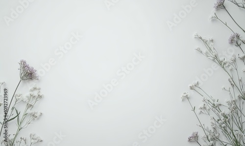 Minimalist floral frame with delicate white and purple wildflowers on a white background, leaving ample copy space.