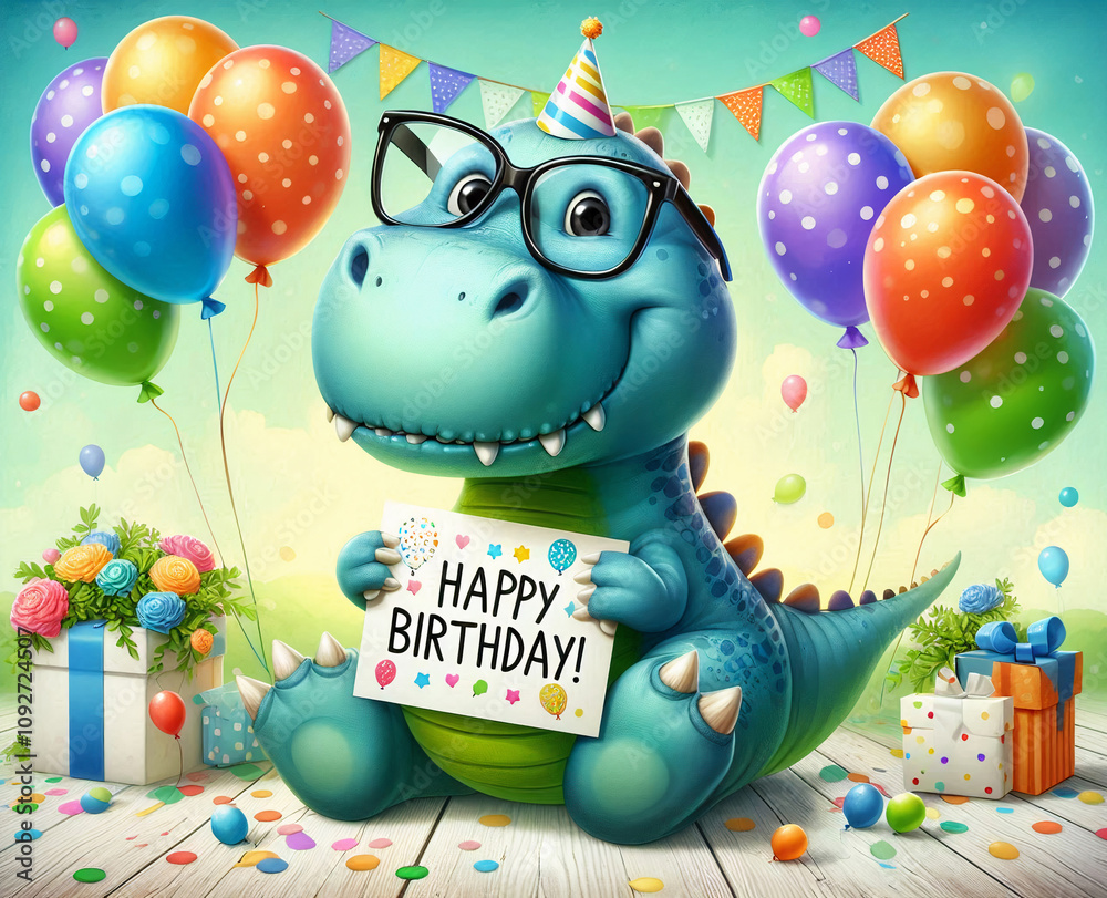 A cartoonish dinosaur holding a