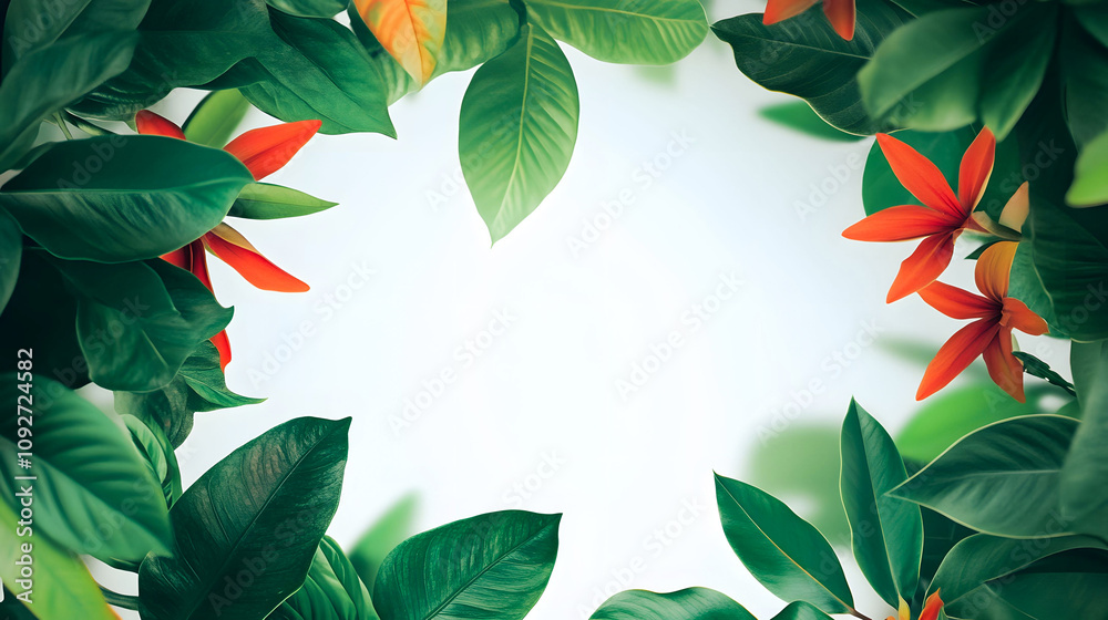 Fototapeta premium Tropical Leaves with Red Flowers