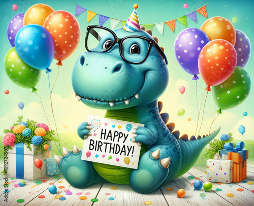 A cartoonish dinosaur holding a 