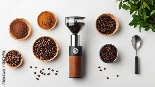 Grinding coffee beans home kitchen lifestyle photo fresh aroma top view handoperated grinder concept photo