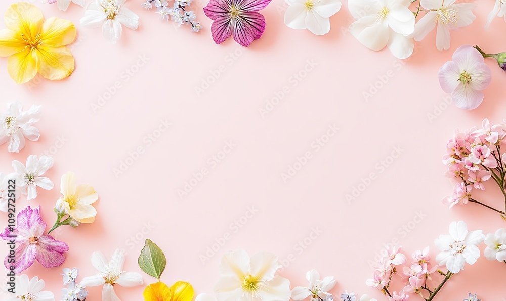 Pastel pink background with colorful spring flowers arranged in a frame, leaving a blank space in the center for text or design. Pastel pink background with colorful spring flowers arranged in a frame, leaving a blank space in the center for text or design.