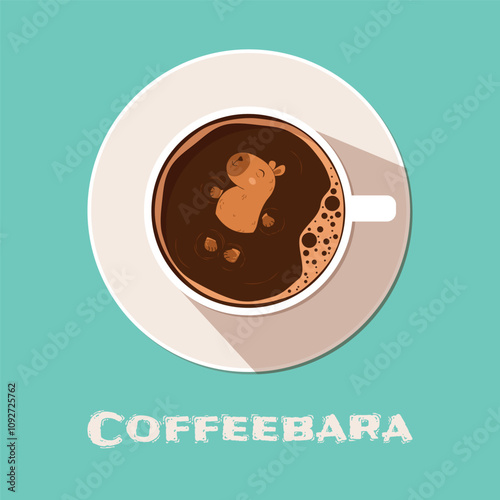 Cute Capybara swims in a cup of coffee. Funny animal Coffeebara photo