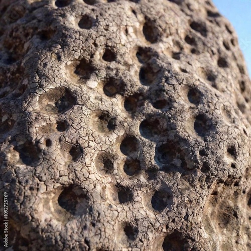 A high-resolution ultrarealistic image of a weathered rock captured through high-definition photography. The rock, irregular in shape with multiple crevices and holes, takes center stage against a cle photo