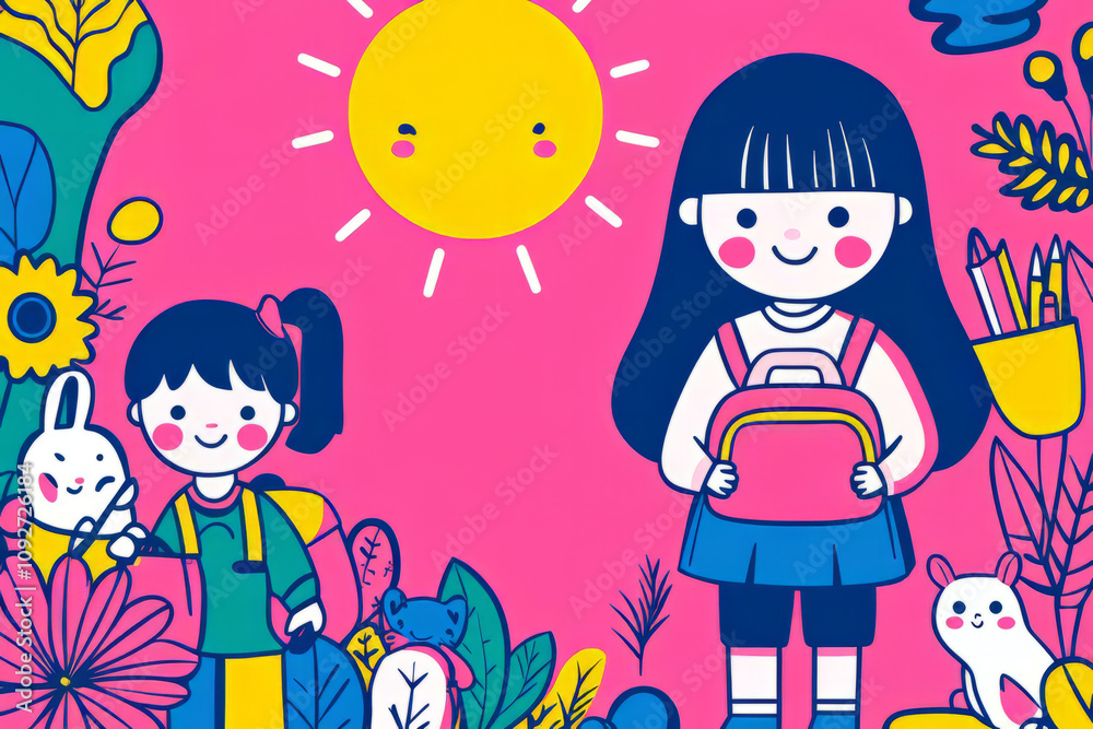 Bright and cheerful illustration of children in colorful garden Bright and cheerful illustration of children in colorful garden