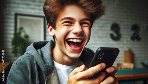 Wallpaper Mural A teenage boy laughing energetically while holding a smartphone, seated in a stylish, modern room Torontodigital.ca
