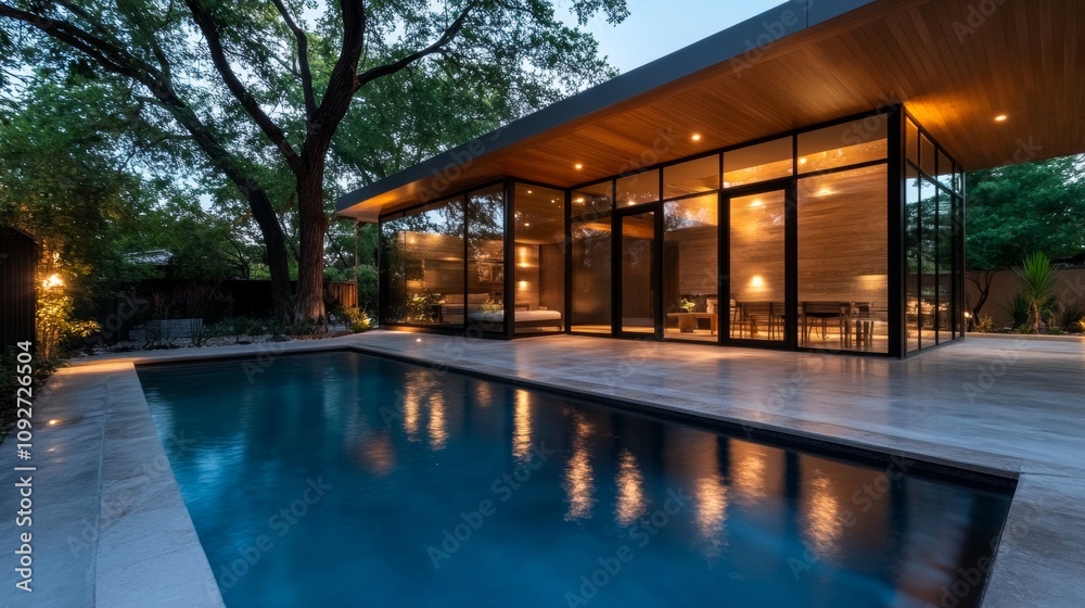 Modern architectural design featuring a sleek poolside view of a contemporary home with large glass walls and lush greenery under twilight sky