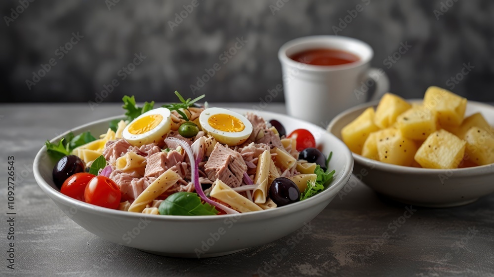 Tuna salad with pasta, eggs, potatoes, olives, red onions and sauce in white plate on old light gray Tuna salad with pasta, eggs, potatoes, olives, red onions and sauce in white plate on old light gray