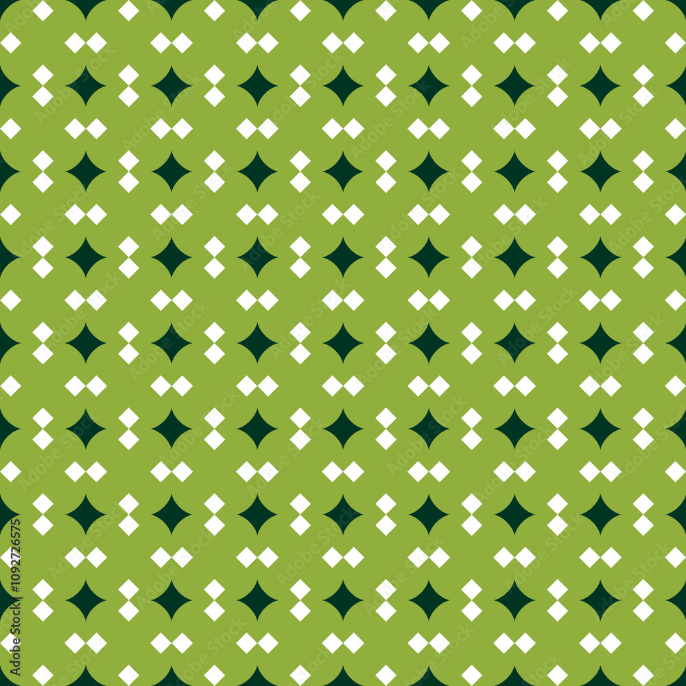Seamless pattern with geometric motifs in three colors, green tones Seamless pattern with geometric motifs in three colors, green tones