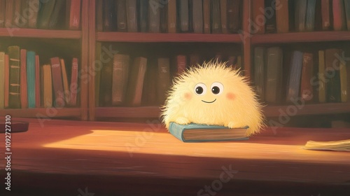 Yellow monster reading in cozy library.