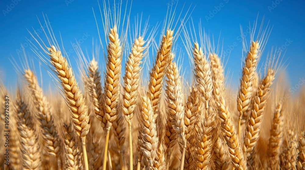 Golden Wheat Fields Under Clear Blue Sky with Sunlight Shining on Ripening Grain Ready for Harvesting, Symbolizing Abundance and Agriculture in Rural Landscape Golden Wheat Fields Under Clear Blue Sky with Sunlight Shining on Ripening Grain Ready for Harvesting, Symbolizing Abundance and Agriculture in Rural Landscape