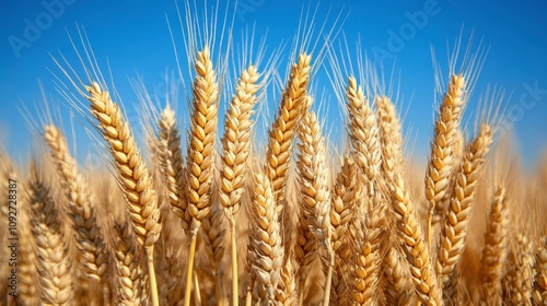 Golden Wheat Fields Under Clear Blue Sky with Sunlight Shining on Ripening Grain Ready for Harvesting, Symbolizing Abundance and Agriculture in Rural Landscape