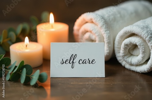 Spa and wellness setting with towels, candles and card with text self care photo