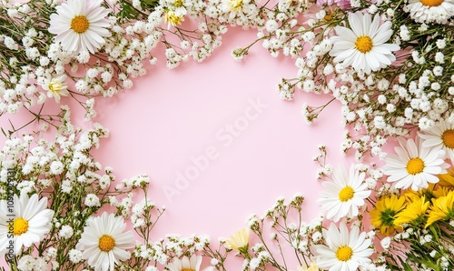 Pink background with white daisies and baby's breath flowers creating a frame. Perfect for spring or summer designs.