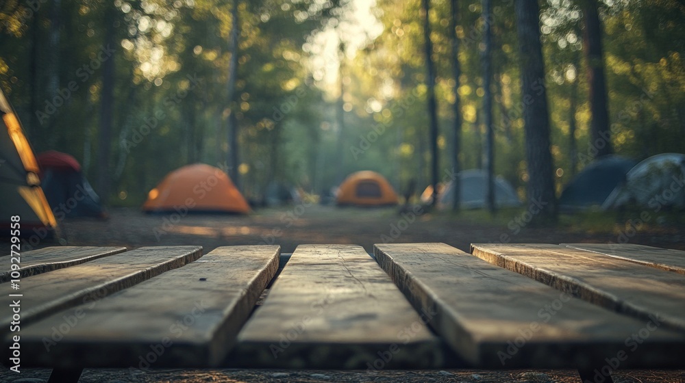 Table with empty surface against camping scene with tents and forest backdrop. Table with empty surface against camping scene with tents and forest backdrop.