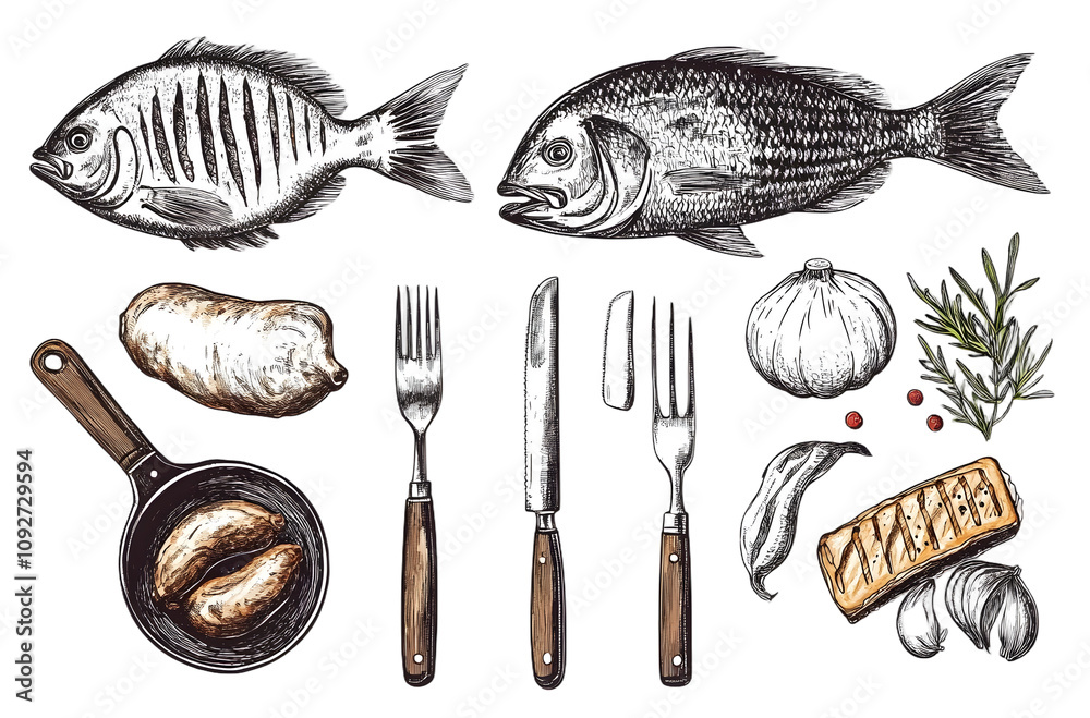Drawn vector set of grill elements, fish and meat cutlery, white background, detailed, high quality, professional, sharp, clip art, vintage style, vintage food illustration, engraving, woodcut style Drawn vector set of grill elements, fish and meat cutlery, white background, detailed, high quality, professional, sharp, clip art, vintage style, vintage food illustration, engraving, woodcut style