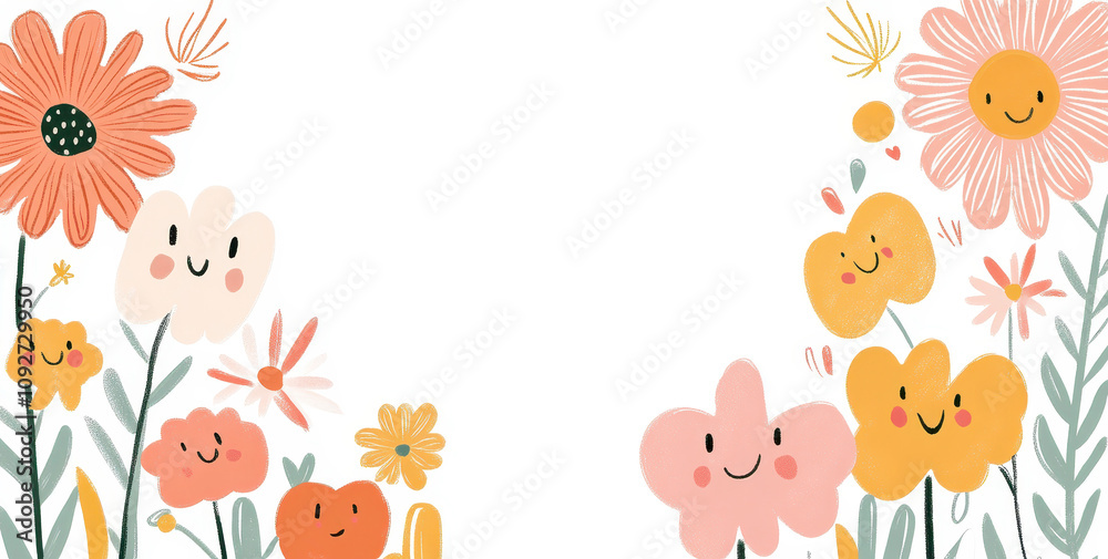 Obraz premium A delightful border of retro flowers with cute faces and pastels