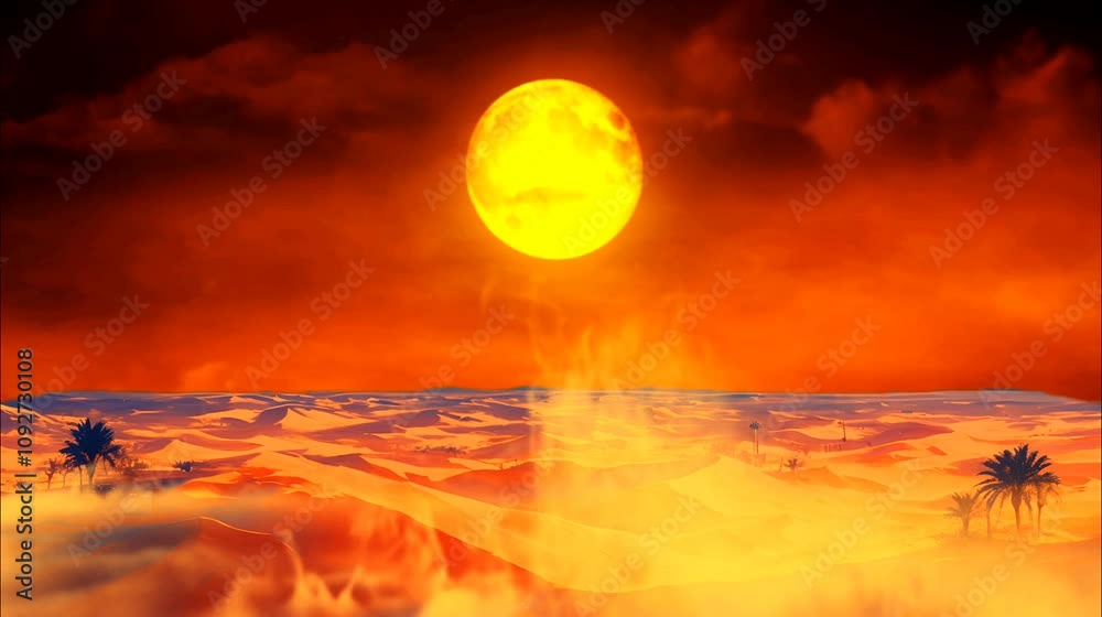 Dramatic view of a fiery sun glowing over a surreal desert landscape with golden clouds. Seamless looping 4K time-lapse animation video background.
Dramatic view of a fiery sun glowing over a surreal desert landscape with golden clouds. Seamless looping 4K time-lapse animation video background.