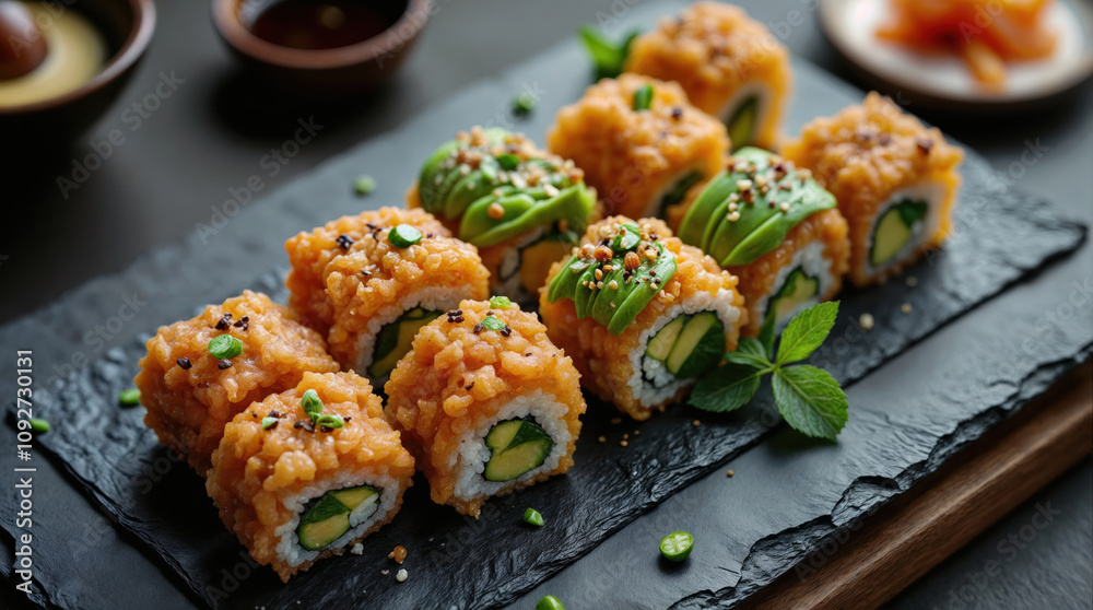 Delicious California Roll Sushi with Crispy Tempura Coating and Fresh Avocado Slices Served on Black Slate Board with Soy Sauce, Modern Japanese Fusion Cuisine Delicious California Roll Sushi with Crispy Tempura Coating and Fresh Avocado Slices Served on Black Slate Board with Soy Sauce, Modern Japanese Fusion Cuisine