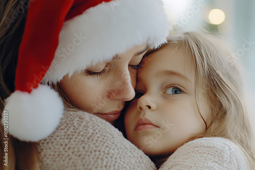 Sad young mother in Santa hat hugging her daughter at Christmas