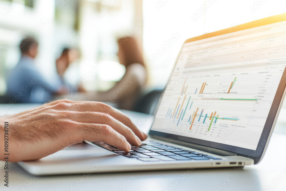 Close-up of hands typing on a laptop with data analysis screen Close-up of hands typing on a laptop with data analysis screen