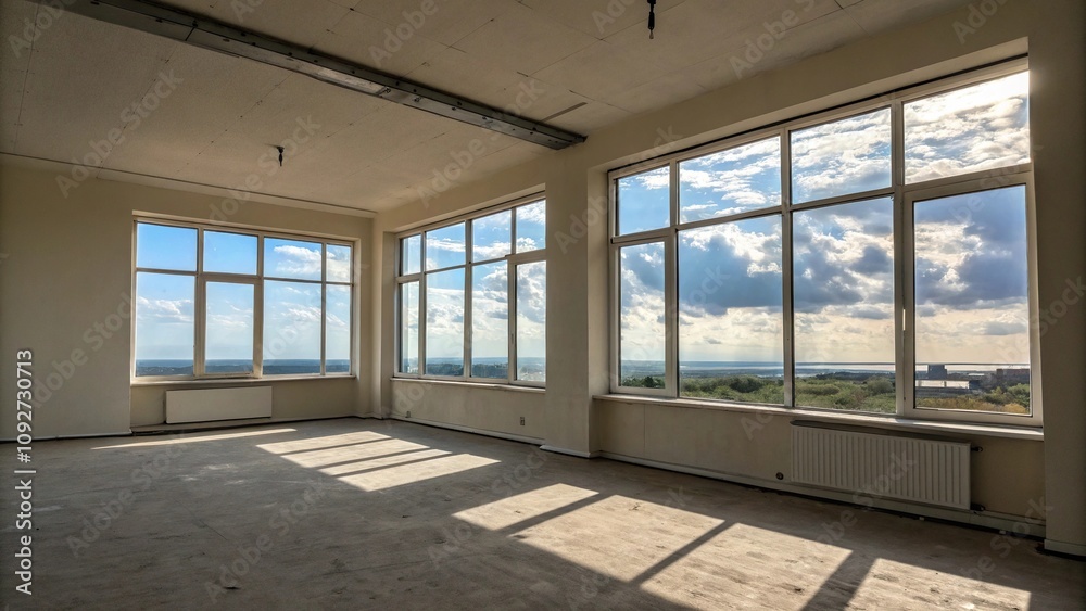 Empty flat with windows on different sides showing the sky view outside, modern apartment, simple interior