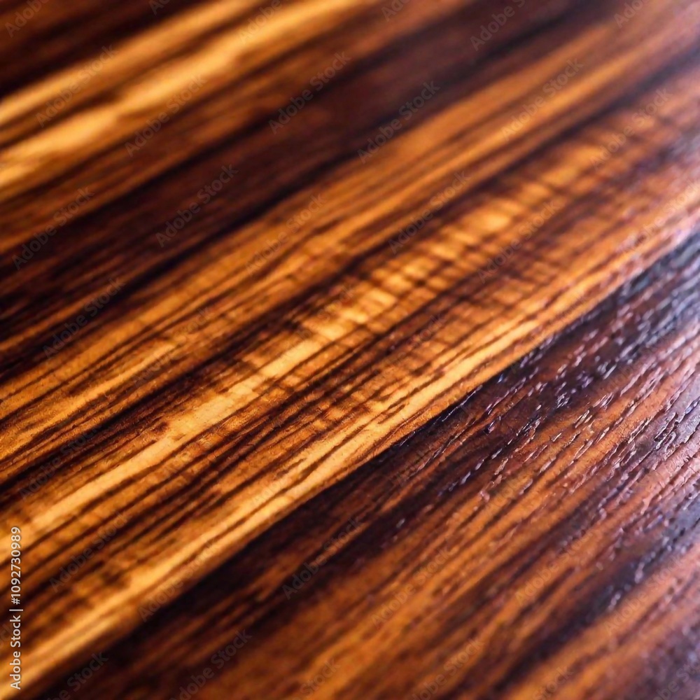 Fototapeta premium Polished Mahogany Surface: A close-up of a polished mahogany wood surface, in deep focus to highlight the smooth, glossy finish and the fine details of the wood grain.