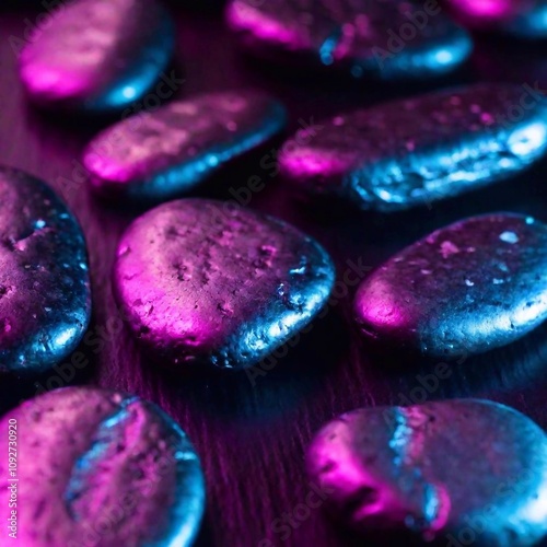 Neon Stone Crafter: A macro flatlay of rough, metallic-looking stones embedded with glowing neon circuits and lights, captured in soft focus to emphasize the contrast between the organic texture of th photo