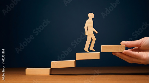 Conceptual Image of Progress and Support: Wooden Figure Ascending Stairs, progress concept, personal growth, wooden figure, minimalistic design