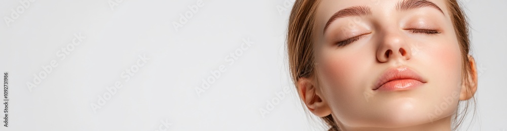 A serene close-up of a woman with eyes closed, exuding calmness. A serene close-up of a woman with eyes closed, exuding calmness.