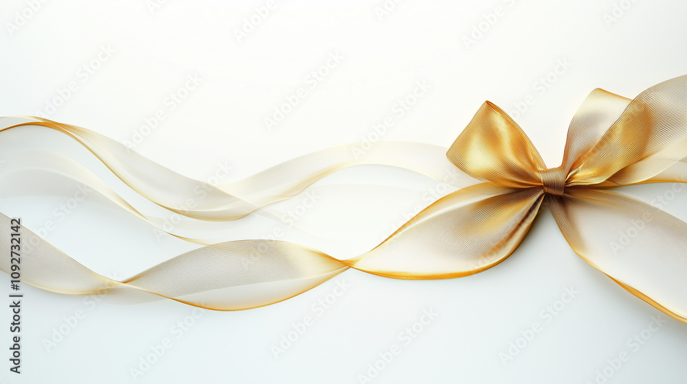 Golden Ribbons and Bows on Smooth White Background Golden Ribbons and Bows on Smooth White Background
