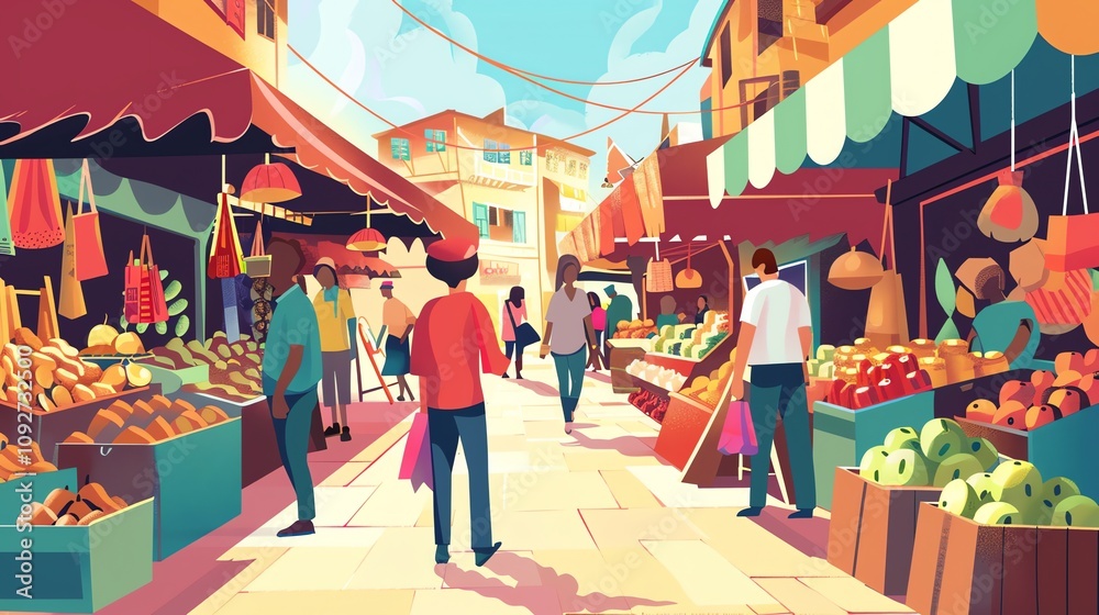 Obraz premium A cartoon style illustration of an outdoor market in a city.