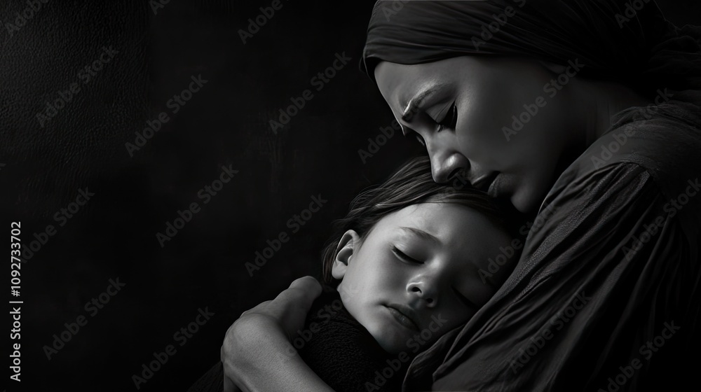 An immigrant woman in a headscarf holding her child protectively, both faces showing signs of struggle and hope. An immigrant woman in a headscarf holding her child protectively, both faces showing signs of struggle and hope.