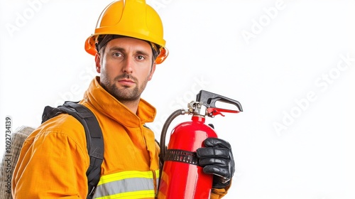 Construction worker wearing hard hat and safety vest holding red fire extinguisher on construction site