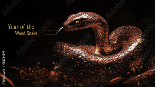 Fototapeta Naklejka Na Ścianę i Meble -  Coiled wood snake with shimmering scales, symbolizing Year of Wood Snake